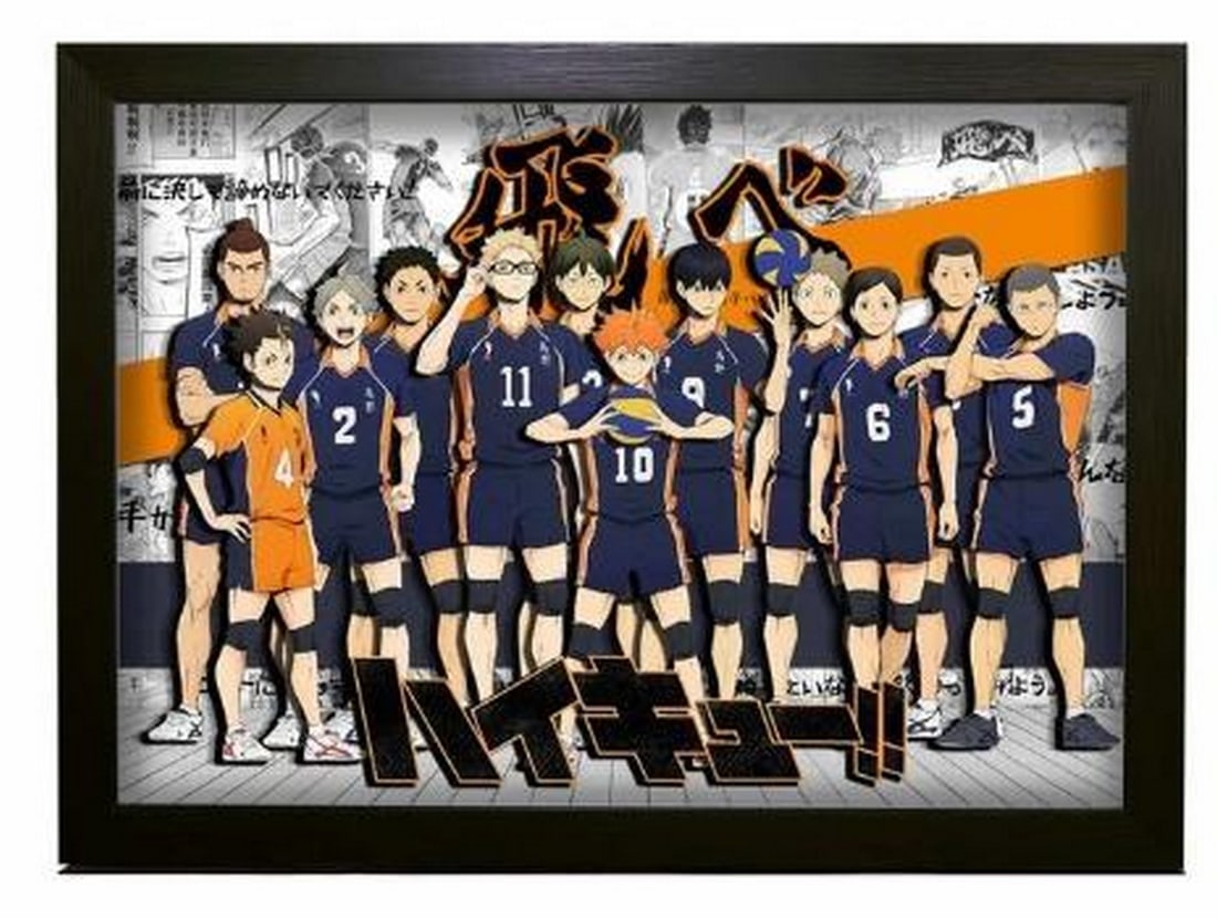 3D Paper Art Featuring Haikyu!! Characters in Black Frame: 3D Paper Art Featuring Haikyu!! Characters in Black Frame Capture the high-energy spirit of Haikyu!! with this vibrant 3D paper art piece, featuring layered, hand-cut figures of the series' beloved vo