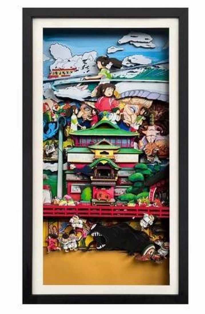 3D Paper Art Featuring The Oil House Characters in Black Frame: 3D Paper Art Featuring The Oil House in Black Frame Step into the magical world of The Oil House, inspired by Studio Ghibli's Spirited Away, with this beautifully handcrafted 3D paper art. Featuring b