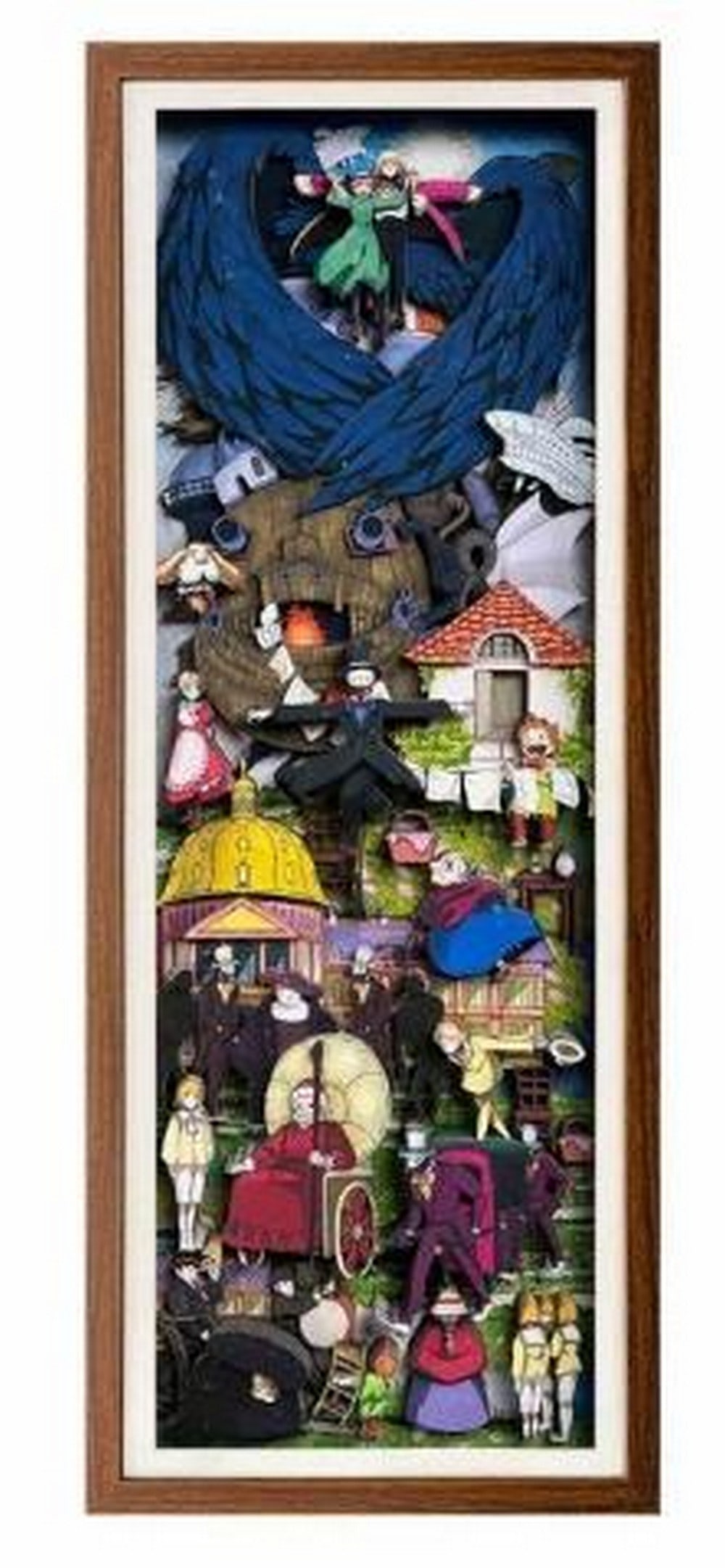 3D Paper Art Featuring Howl's Moving Castle in Walnut Frame: 3D Paper Art Featuring Howl's Moving Castle in Walnut Frame Step into the whimsical and spellbound world of Howl's Moving Castle with this stunning 3D paper art, beautifully handcrafted to showcase th