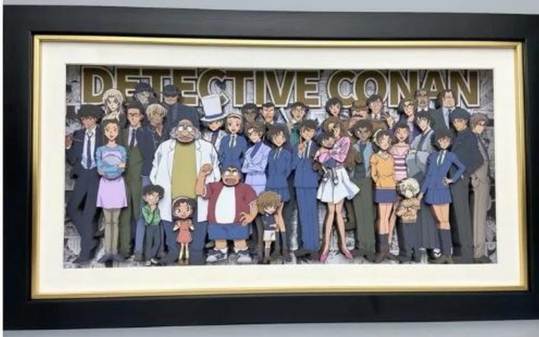 Detective Conan 3D Paper Art in Black & Gold Frame: Detective Conan 3D Paper Art in Black & Gold Frame Step into the world of mystery with this dynamic 3D Paper Art featuring beloved Detective Conan characters in vivid detail. Towering above the scene 