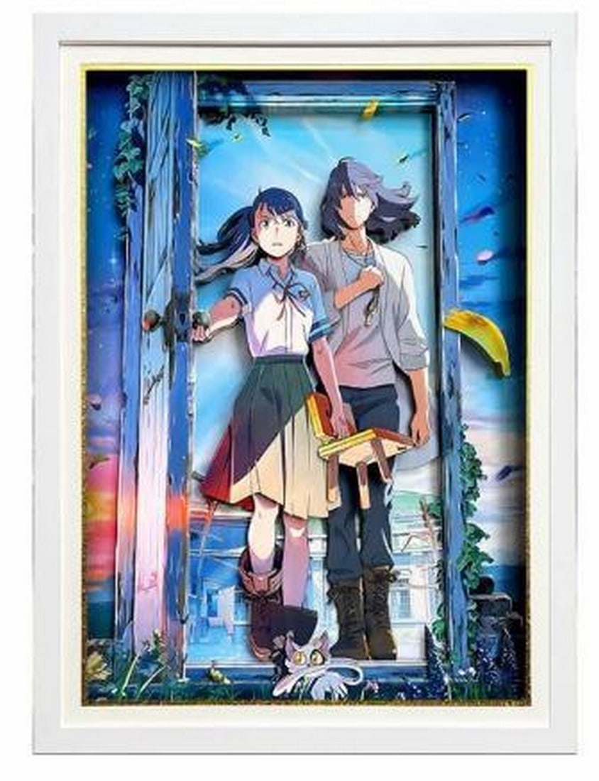 Through the Door: Suzume & Souta 3D Paper Art in White Frame: Through the Door: Suzume & Souta 3D Paper Art in White Frame Step into a world of wonder with this enchanting 3D Paper Art featuring Suzume and Souta from the beloved anime film Suzume. Captured in th