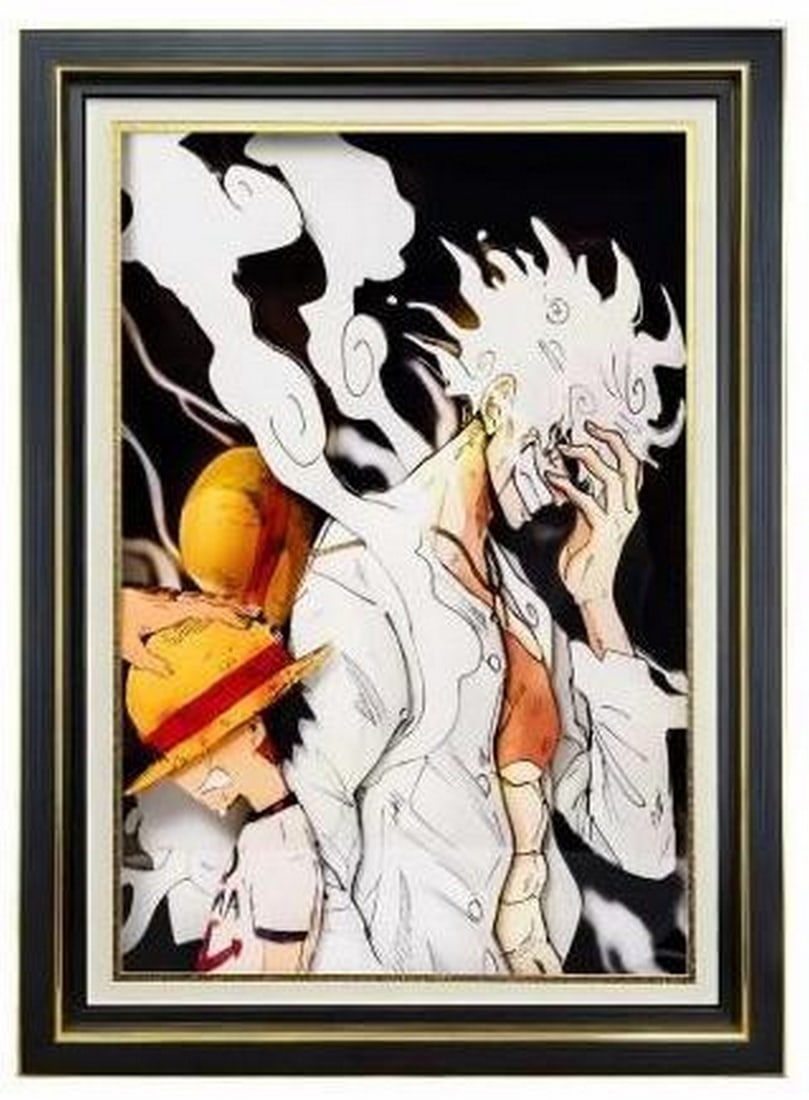 Luffy: Then & Now 3D Paper Art in Black & Gold Frame: Luffy: Then & Now 3D Paper Art in Black & Gold Frame Witness the evolution of a legend with this powerful 3D Paper Art featuring Monkey D. Luffy. On the left, his younger self stands in his iconic str