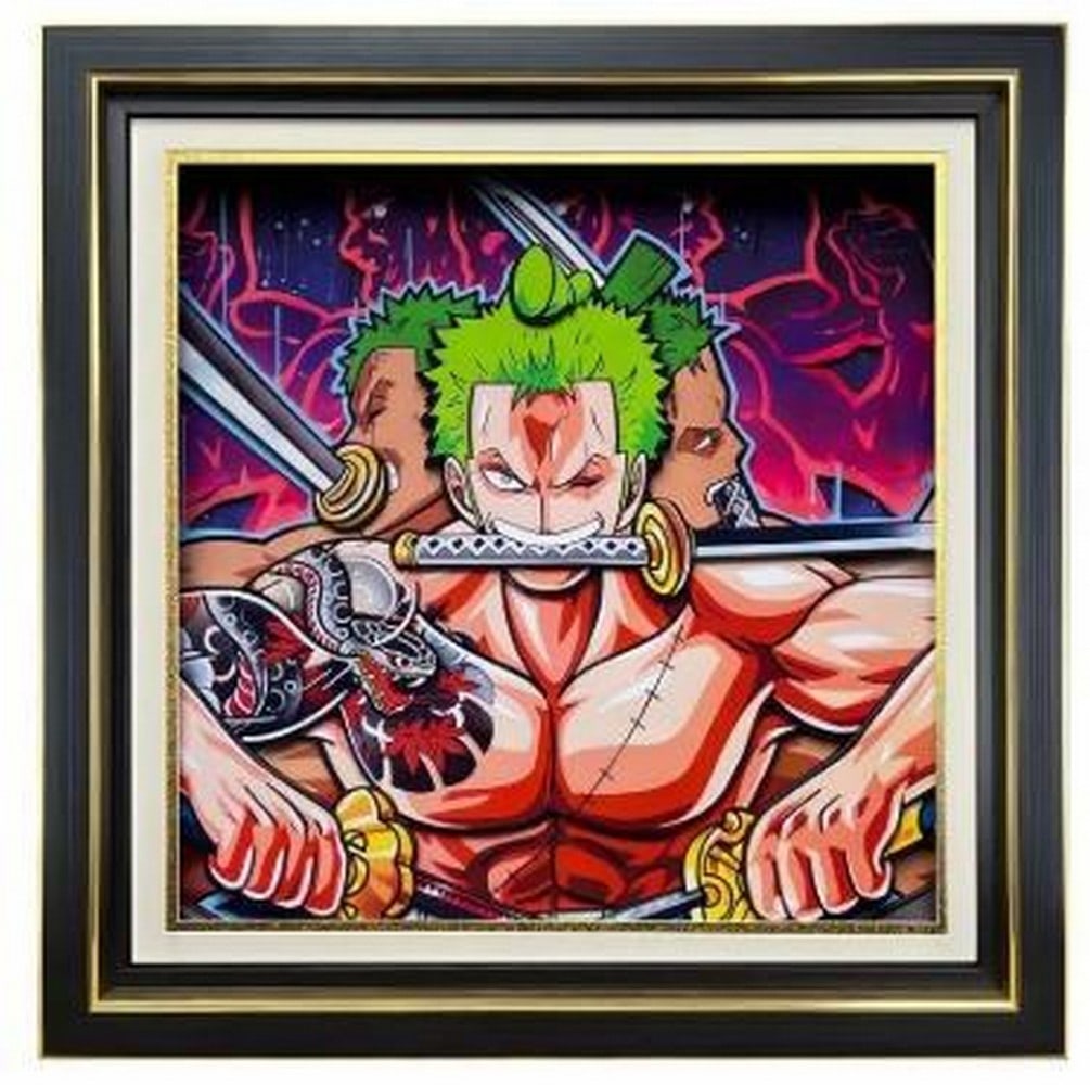 Zoro 3D Abstract Paper Art in Black & Gold Frame: Zoro 3D Abstract Paper Art in Black & Gold Frame Embodying the strength and style of the legendary swordsman, this abstract 3D Paper Art features Roronoa Zoro in a bold, multi-perspective design. At t
