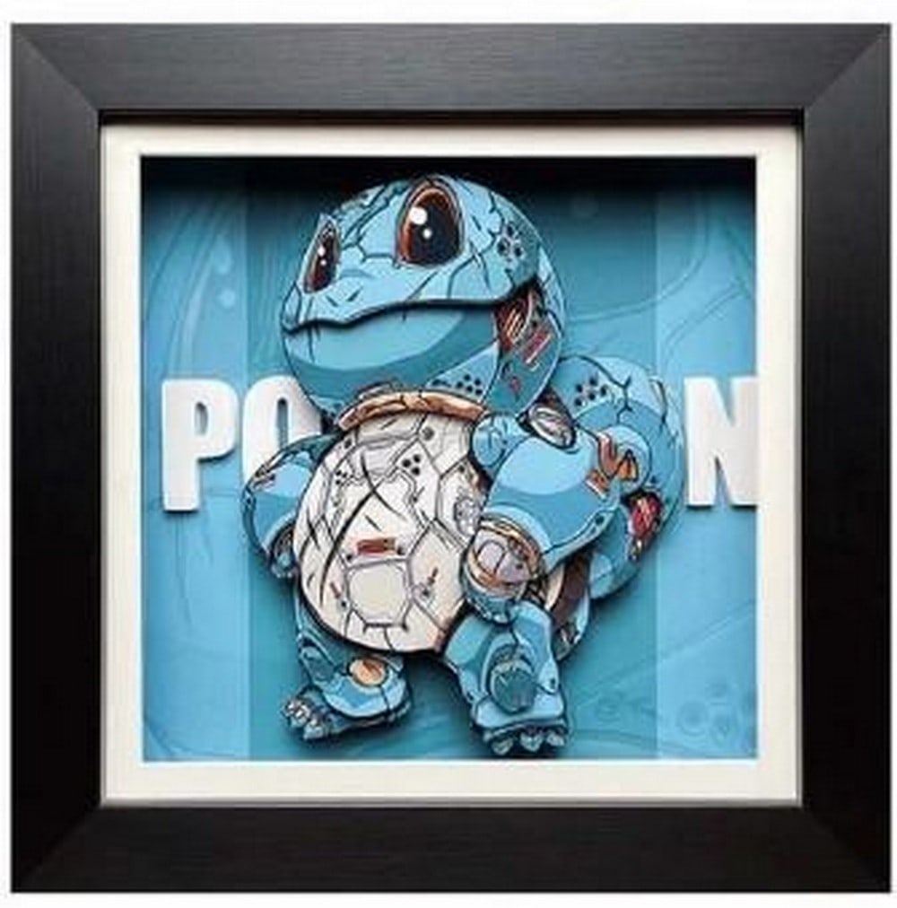 3D Paper Art of Mecha Squirtle in Black Frame: 3D Paper Art of Mecha Squirtle in Black Frame A futuristic twist on a fan favorite, this 3D paper art frame features Squirtle reimagined as a sleek robotic version of himself. With layered metallic-st