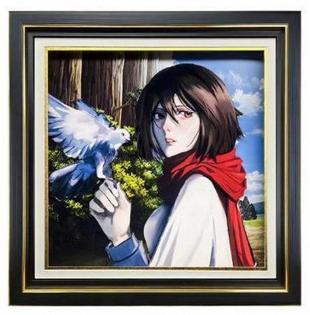 3D Paper Art Frame of Mikasa: 3D Paper Art Frame of Mikasa A quietly powerful portrait of Mikasa, captured in detailed 3D paper layers. With her iconic red scarf wrapped around her neck, she gazes into the distance, a small bird p