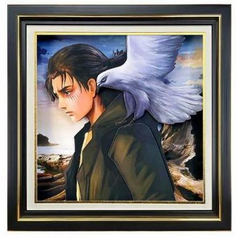 3D Paper Art Frame Eren by the Sea: 3D Paper Art Frame Eren by the Sea A reflective moment brought to life in layered depth, this 3D paper art frame features Eren gazing downward and to the side, a bird resting gently on his shoulder. B