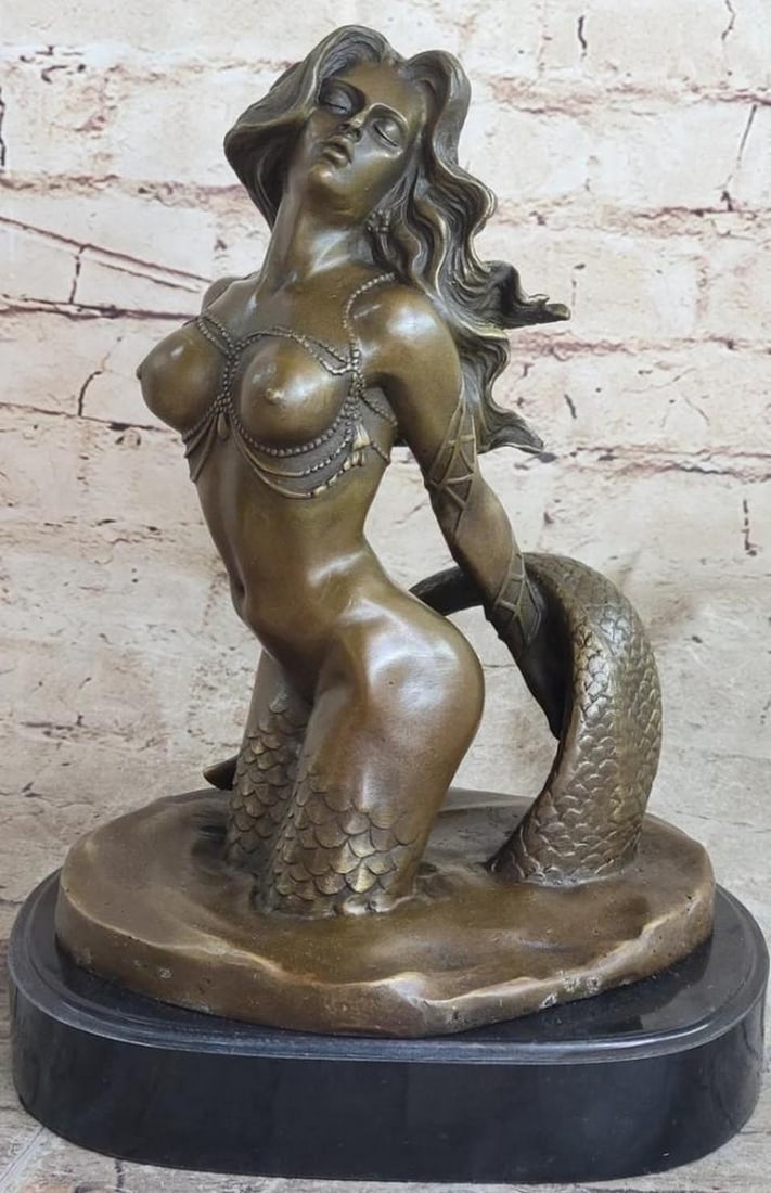Mythical Alluring Nude Mermaid Bronze Sculpture on Marble Base Signed Original by Milo - 12" x 8.5": Mythical Alluring Nude Mermaid Bronze Sculpture on Marble Base Signed Original by Milo - 12" x 8.5" Embark on an enchanting journey with Milo's "Mythical Alluring Nude Mermaid Bronze Sculp