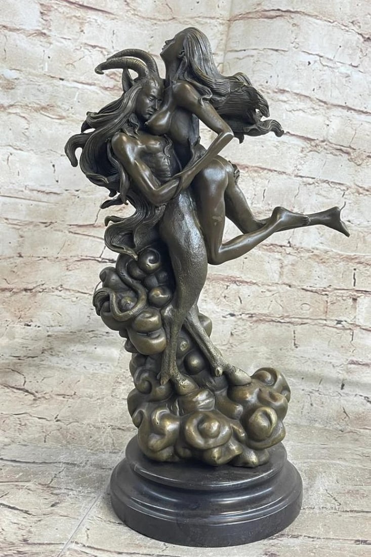 Mythical Satyr Crafting a Nude Female Figure Original Bronze Sculpture by J. Patoue - 14" x 9": Mythical Satyr Crafting a Nude Female Figure Original Bronze Sculpture by J. Patoue - 14" x 9" This extraordinary bronze sculpture introduces a truly rare and unconventional composition, portr