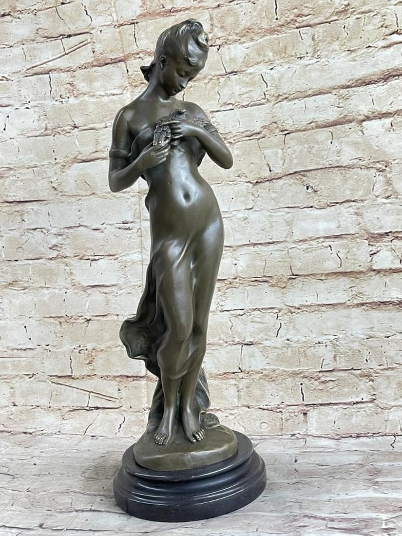 Whisper of Stillness Original Bronze Sculpture by Jean Patoue - 19" x 6": Whisper of Stillness Original Bronze Sculpture by Jean Patoue - 19" x 6" In Whisper of Stillness, Jean Patoue captures a fleeting moment of quiet intimacy between a young woman and a bird crad