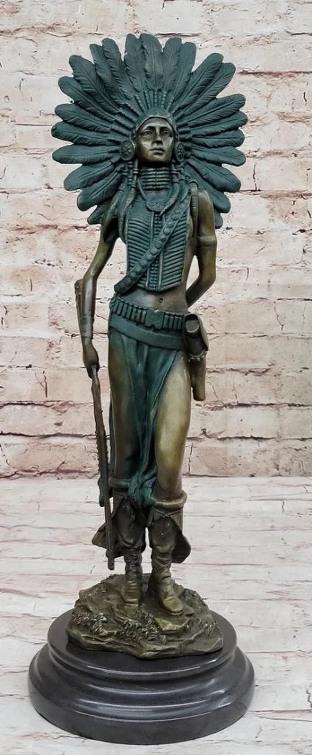 Original Bronze Native American Woman with Rifle Sculpture Signed by Milo - 18" x 6": Original Bronze Native American Woman with Rifle Sculpture Signed by Milo - 18" x 6" Immerse yourself in the awe-inspiring depiction of a fierce Native American woman, poised for the hunt, in 