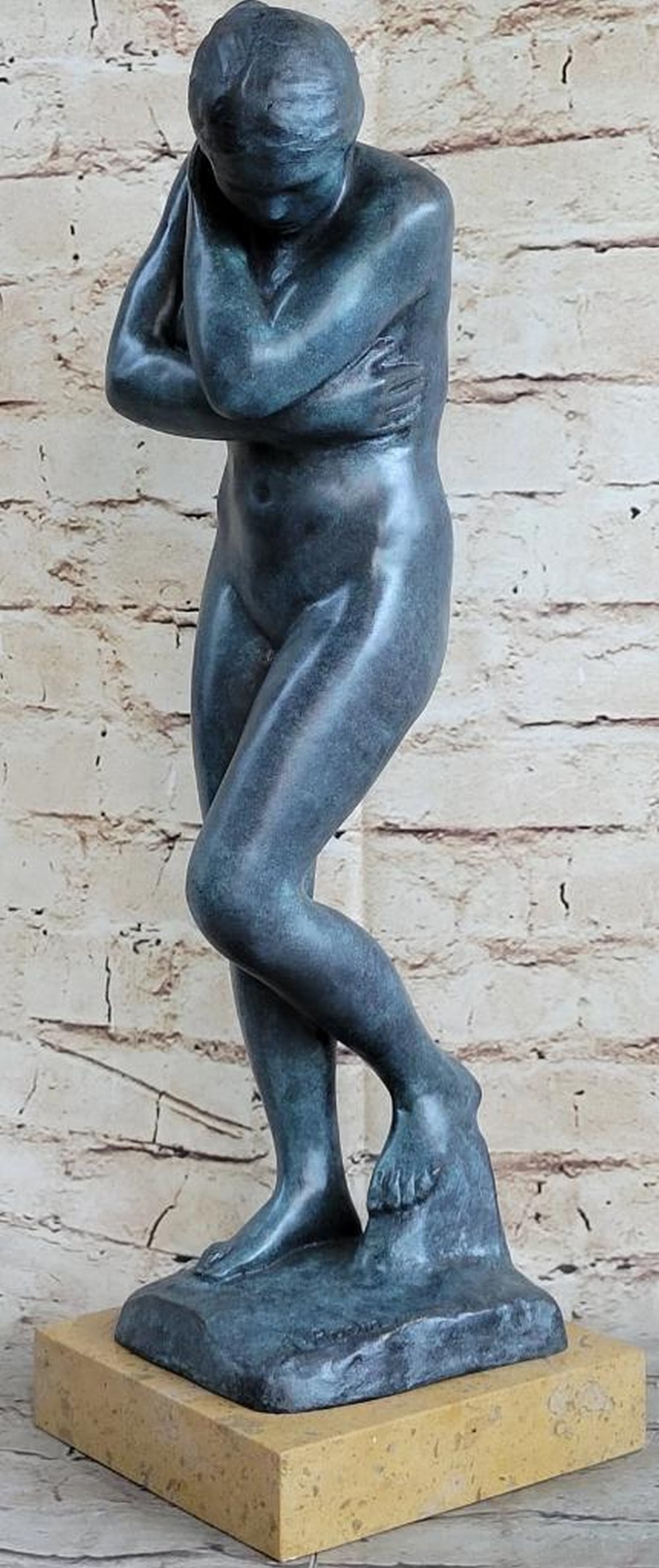Rodin Inspired Green Patina Nude Shy Girl Bronze Sculpture - 18" x 5.5": Rodin Inspired Green Patina Nude Shy Girl Bronze Sculpture - 18" x 5.5" Cast commissioned by the French state for the Musee du Luxembourg in 1911, transferred to the Musee Rodin in 1918. In hi