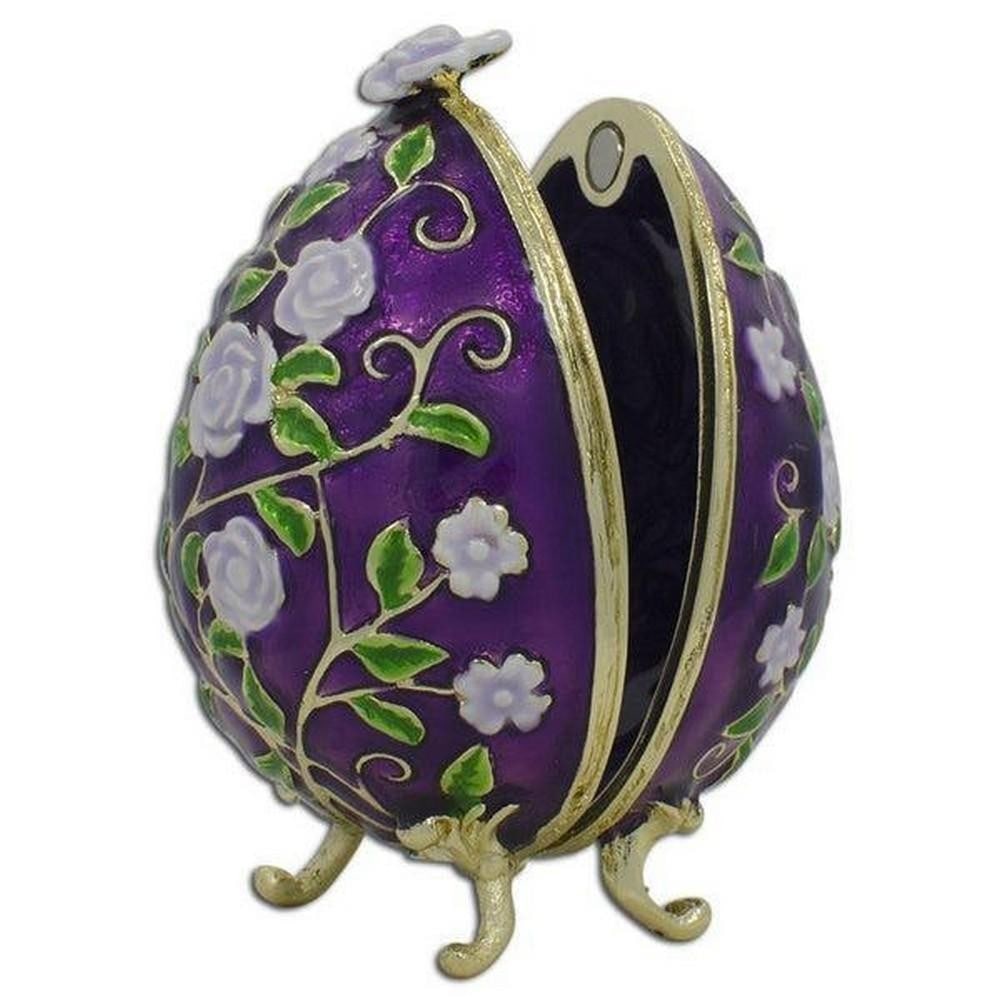 Purple Garden Flowers Royal Inspired Metal Easter Egg 2.75 Inches: Purple Garden Flowers Royal Inspired Metal Easter Egg 2.75 Inches This sparkling egg is adorned with clear crystals and high-polished enamel with golden trim. It opens on a hinge and has a magnetic