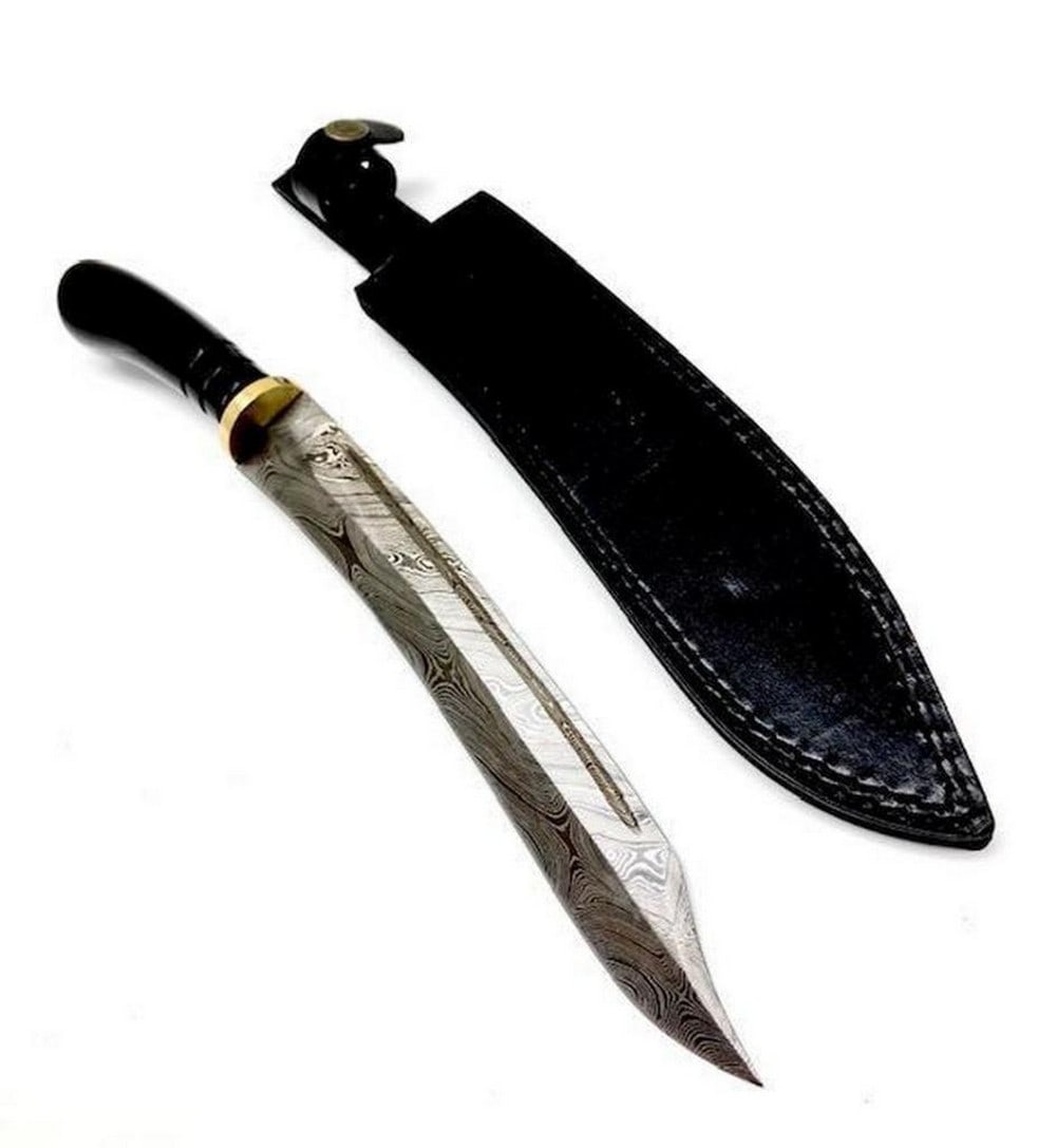 13 1/2'' Ebonized Blade Handle Damascus Bowie Blade With Stitched Leather Sheath: 13 1/2" Ebonized Blade Handle Damascus Bowie Blade With Stitched Leather Sheath. An Excellent Hand Crafted Shive To Add To Any Collection. High Quality steel is utilized to forge the finest product