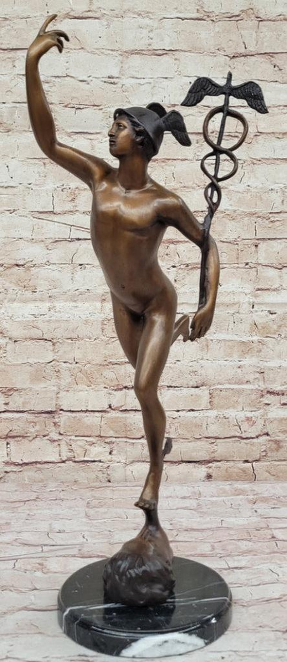 Ethereal Flight - Giambologna Inspired Flying Mercury Bronze Sculpture on Marble Base - 23'' x 13'': Ethereal Flight - Giambologna Inspired Flying Mercury Bronze Sculpture on Marble Base - 23" x 13" Embark on a journey into classical mythology with the " Ethereal Flight," a Handmade