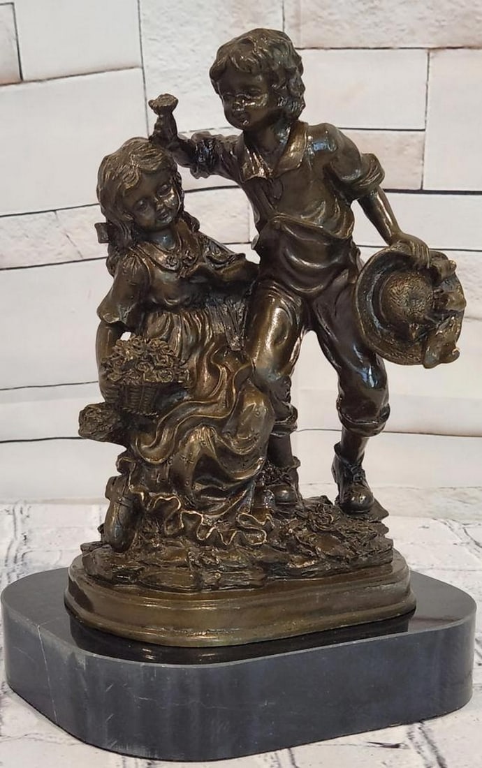Jean Patoue Children at Play Original Bronze Sculpture - 10'' x 7'': Jean Patoue Children at Play Original Bronze Sculpture - 10" x 7" Capture a quiet moment of childhood with this vintage bronze sculpture, depicting a young boy and girl in a gentle, playful