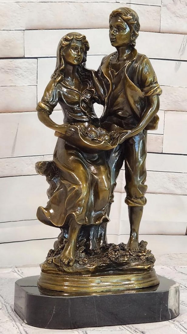 Cesaro Romantic Farm Couple Original Bronze Sculpture - 14'' x 7'': Cesaro Romantic Farm Couple Original Bronze Sculpture - 14" x 7" This bronze sculpture depicts a farm couple in a composed, narrative scene that reflects themes of partnership and rural life. Th