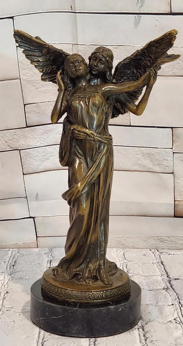 Aldo Vitaleh Guardian Angel Embrace Original Bronze Sculpture - 11'' x 7'': Aldo Vitaleh Guardian Angel Embrace Original Bronze Sculpture - 11" x 7" This bronze sculpture depicts a guardian angel gently embracing a woman, conveying themes of protection and reassurance. 