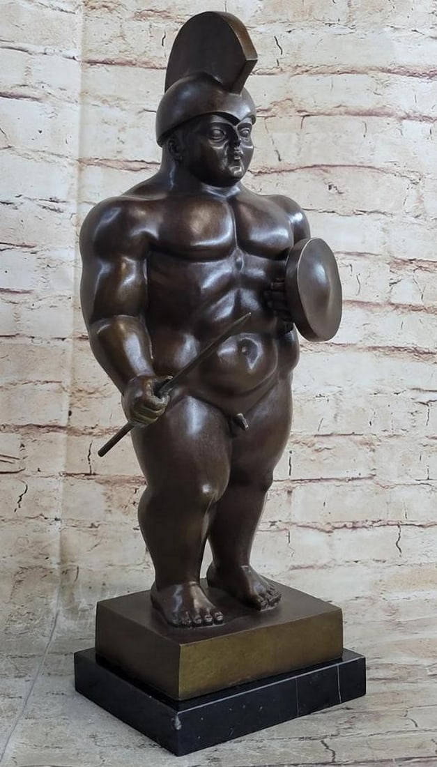 Boterismo Giant Roman Warrior Bronze Art Sculpture Inspired by F. Botero on Marble Base - 19'' x 9'': Boterismo Giant Roman Warrior Bronze Art Sculpture by Inspired F. Botero on Marble Base - 19" x 9" Enter a realm of ancient valor with this captivating bronze sculpture, capturing the spirit of 