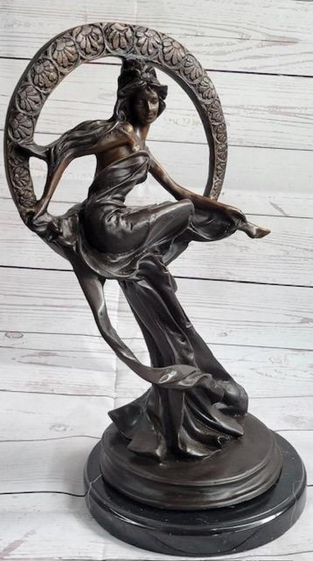 Girl Sitting on the Moon Bronze Statue Sculpture Art Deco Nouveau 17'' x 10'': Girl Sitting on the Moon Bronze Statue Sculpture Art Deco Nouveau 17" x 10" Immerse yourself in the enchanting presence of the Dream Goddess, a captivating bronze sculpture that exudes an aura o