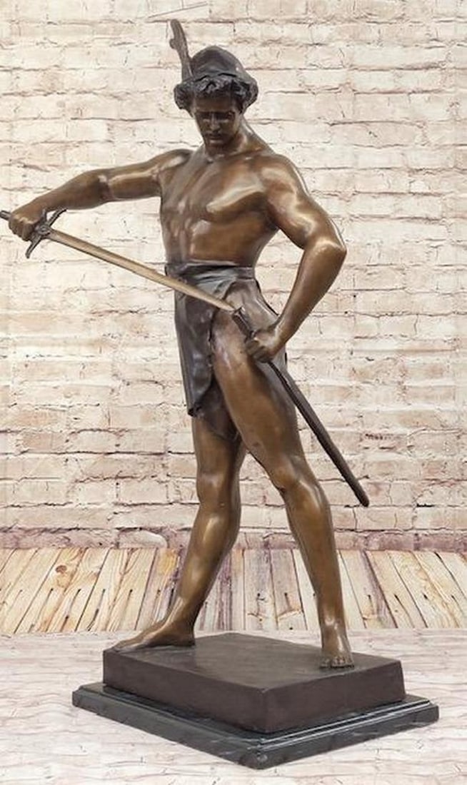 Post Pugnam Picault Bronze Statue Sculpture Warrior Sheathing Sword 35'' x 18'': Post Pugnam Picault Bronze Statue Sculpture Warrior Sheathing Sword 35" x 18" Emanating an air of timeless beauty and raw power, the Sensational Post Pugnam Picault Bronze Statue stands as a cap