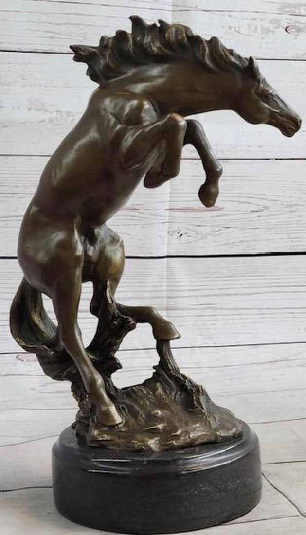 Rearing Horse Bronco Stallion Bronze Statue Sculpture Figure Marble Base 12'' x 9.5'': Rearing Horse Bronco Stallion Bronze Statue Sculpture Figure Marble Base 12" x 9.5" Experience the timeless allure and grace of the magnificent horse captured in this exquisitely crafted bronze 