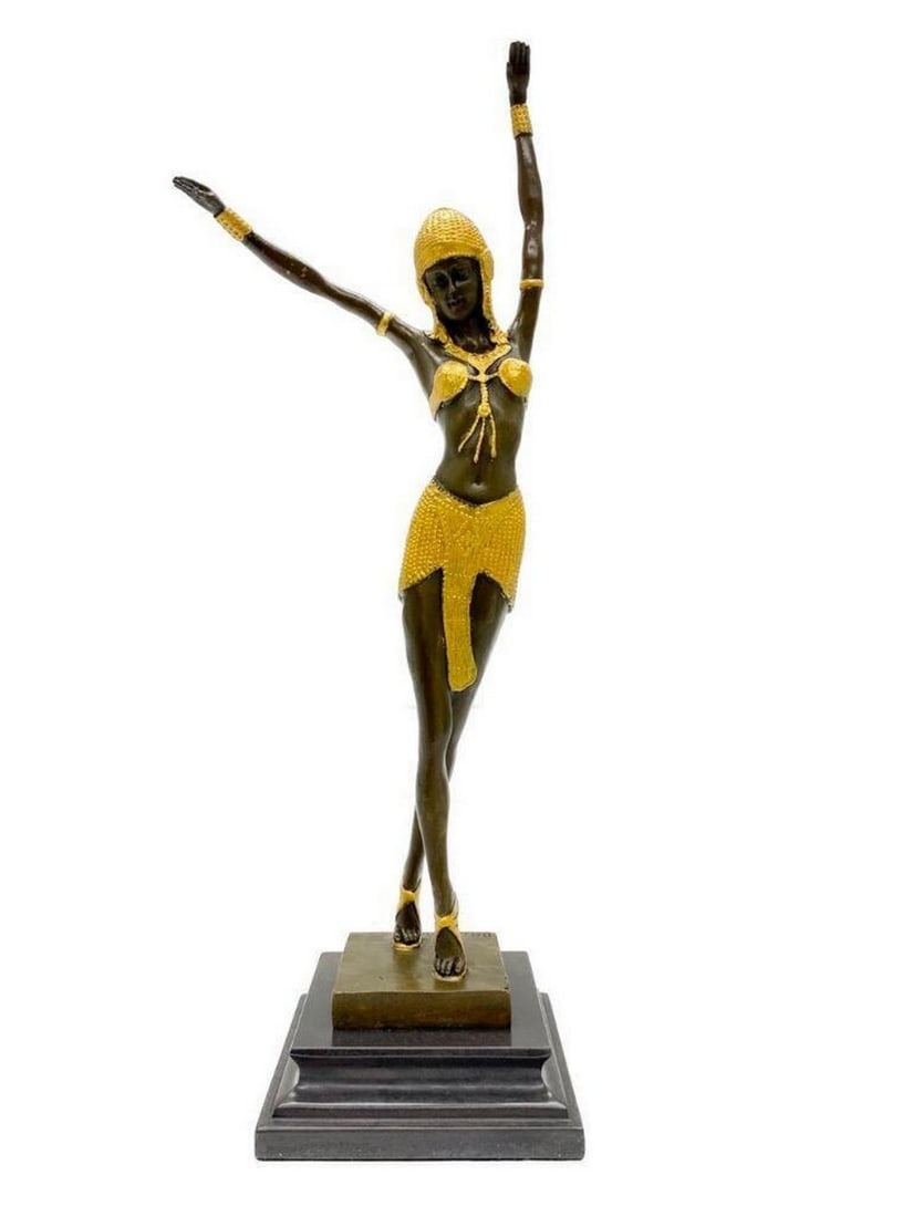 Bronze Gilt Gold Patina Dancer Sculpture: Bronze Gilt Gold Patina Dancer Sculpture With grace, agility and flexibility, this vibrant dancer is light on her toes. Based on one of D.H. Chiparus` many sculptures of dancers, this dancer stands