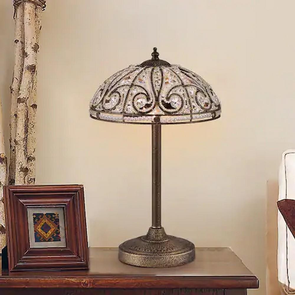 Warehouse of Tiffany Predima 2-Light Table Lamp with Crystal Scroll Design in Antique Bronze: Warehouse of Tiffany Predima 2-Light Table Lamp with Crystal Scroll Design in Antique Bronze The Warehouse of Tiffany Predima 2-Light Table Lamp features a hemispherical shade adorned with sparkling c