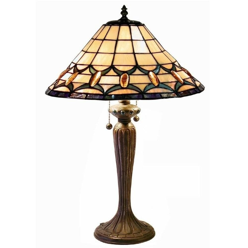 Tiffany-Inspired Jeweled Two-Light Table Lamp: Tiffany-Inspired Jeweled Two-Light Table Lamp This handcrafted Tiffany-style table lamp features a shade made from 200 individually cut pieces of stained glass, each wrapped in fine copper foil using 