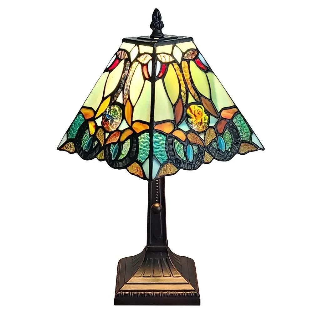Radiant Floral Tiffany-Style Table Lamp: Radiant Floral Tiffany-Style Table Lamp This handcrafted Tiffany-style table lamp features a floral-patterned shade made from numerous hand-cut pieces of colored glass, each wrapped in fine copper