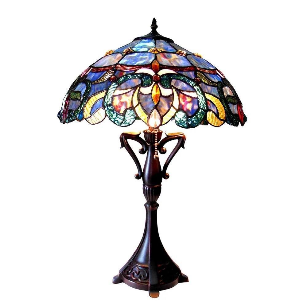Tiffany-Inspired Two-Light Table Lamp: Tiffany-Inspired Two-Light Table Lamp This Tiffany-style table lamp features a Victorian-inspired design with a dark antique bronze finish. The handcrafted shade is composed of 300 individually cut