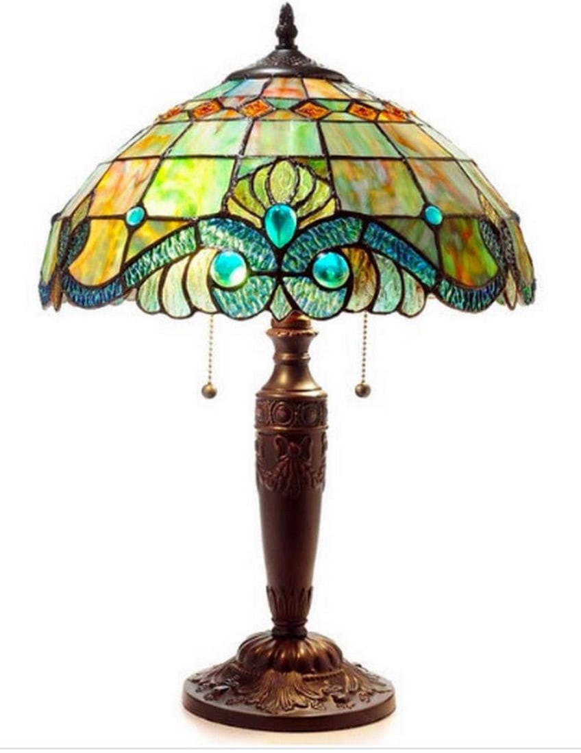 Tiffany Inspired Pearl Vintage Table Lamp: Tiffany Inspired Pearl Vintage Table Lamp Imbue your space with the traditional refinement of this exceptional Tiffany-style table lamp. The combination of stained glass pieces in a scalloped shade cr