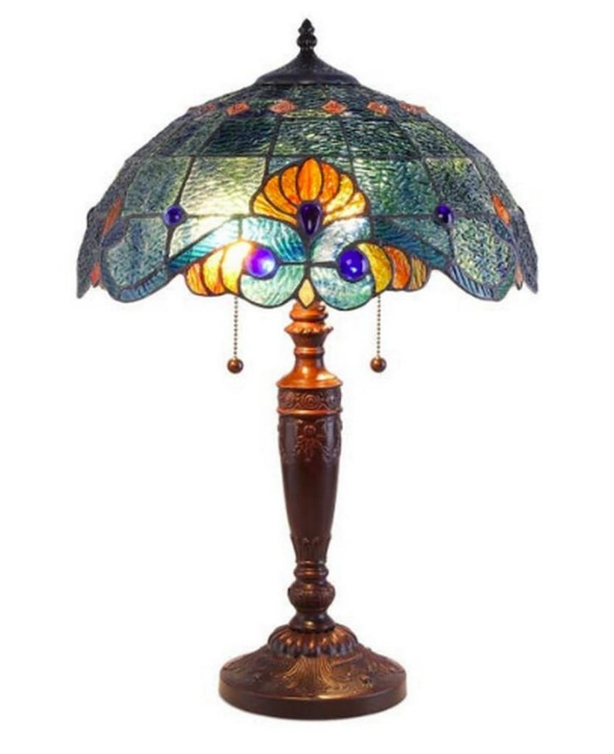 Tiffany Inspired Blue Vintage Table Lamp: Tiffany Inspired Blue Vintage Table Lamp Add a touch of sophisticated appeal to any room with this Tiffany style table lamp. Featuring beautiful stained glass designs, this indoor lamp is designed to 