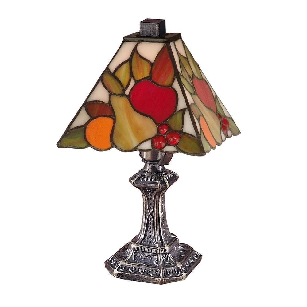 Fruit Accent Tiffany Table Lamp: Fruit Accent Tiffany Table Lamp A charming Tiffany-style accent lamp featuring a vibrant stained glass shade adorned with hand-crafted fruit motifs-orange, pear, apple, and cherry. Its antique brass-f