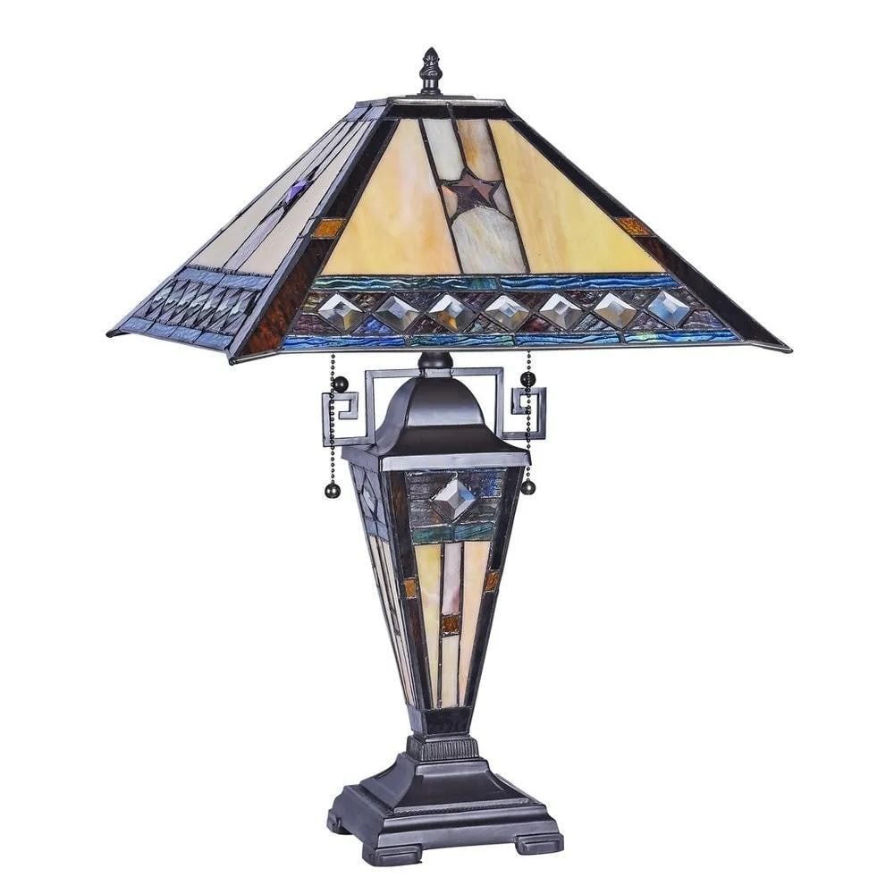 Amberstone Glow Tiffany Table Lamp: Amberstone Glow Tiffany Table Lamp Handcrafted with 136 pieces of stained art glass, this 23-inch double-lit table lamp brings a warm, inviting glow to any space. The shade features tones of beige