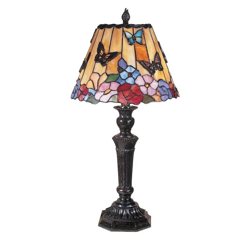 Butterfly Peony Tiffany Table Lamp: Butterfly Peony Tiffany Table Lamp Fanciful butterflies hover above vivid peonies in this colorful Tiffany-style table lamp. Handcrafted from 273 individually cut pieces of art glass, each copper-foil