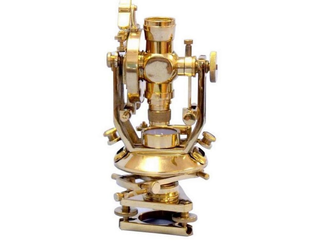 Brass Theodolite 10'': Brass Theodolite 10" The azimuth and elevation axes can be read on a vernier scale with the aid of built-in magnifiers. Both axes have slow motion controls and the telescope can plunge and reverse 