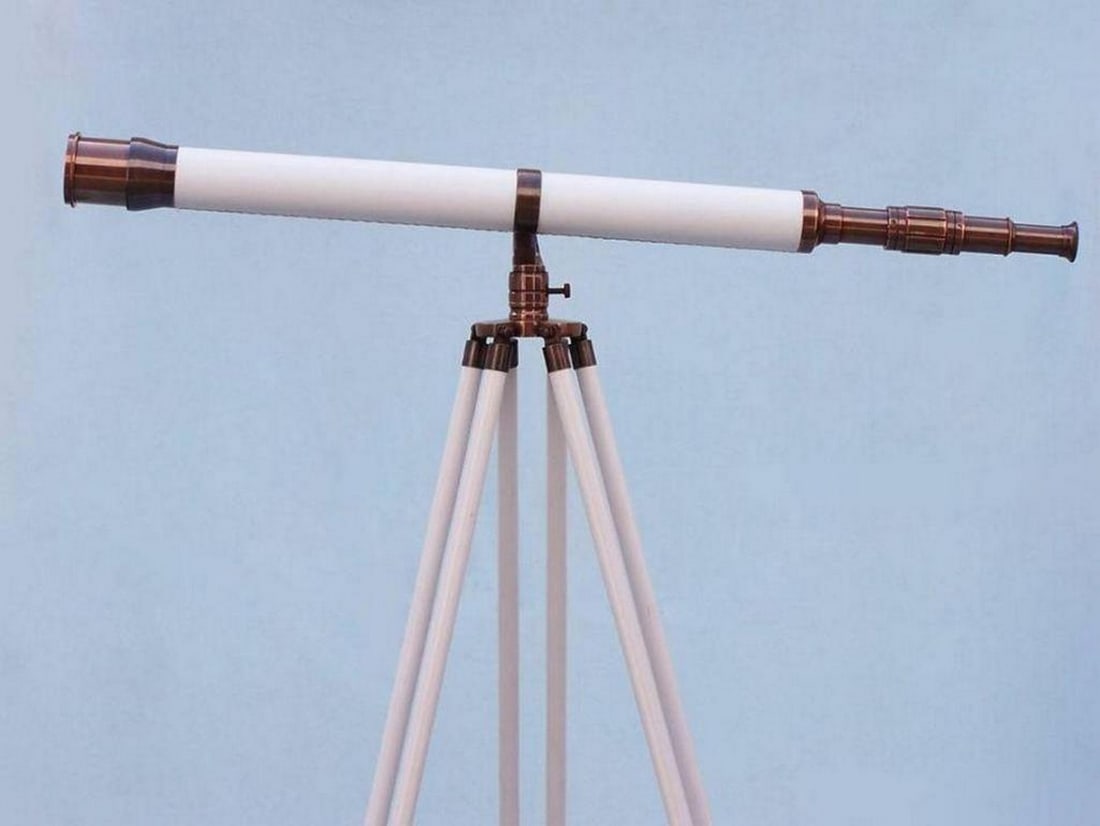 Antique Copper and White Leather 65-Inch Galileo Telescope on Floor Stand
