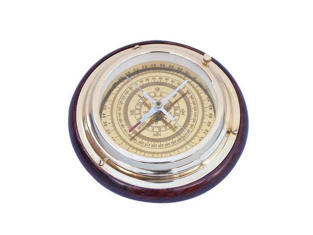 Brass Nautical Desk Compass on Wood Base: Brass Nautical Desk Compass on Wood Base Inspired by antique maritime instruments, this solid brass desk compass is both a functional tribute to navigation and a distinguished decor piece. Resting on 