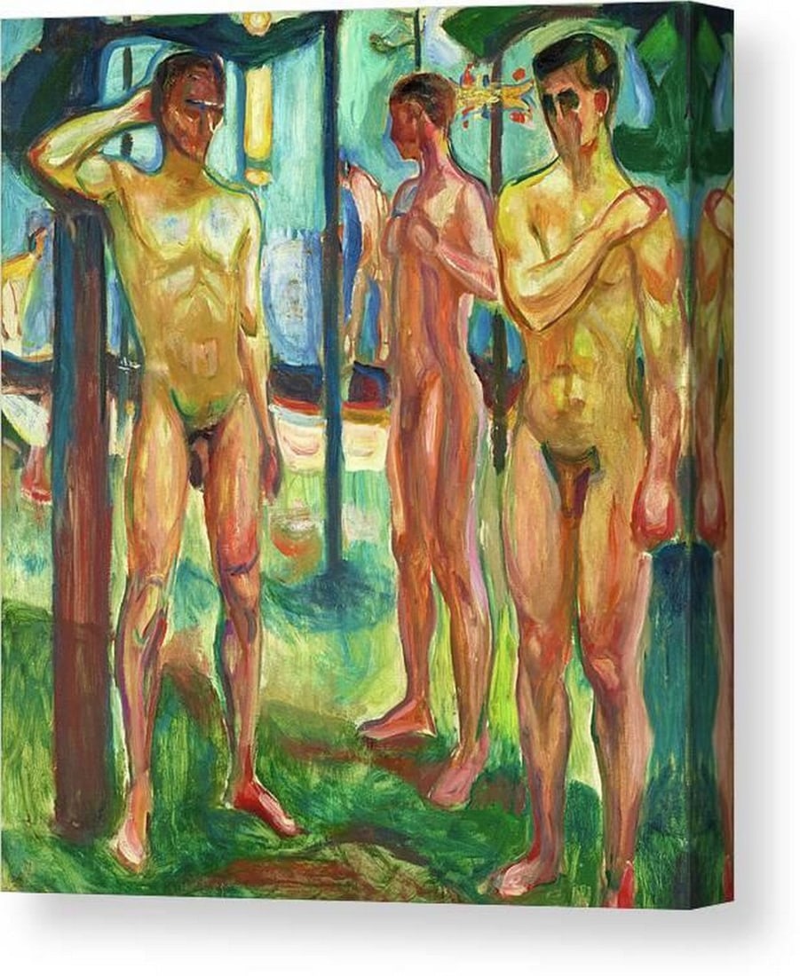 Naked Men in a Vibrant Landscape Canvas Print Wall Art: Naked Men in a Vibrant Landscape Canvas Print Wall Art This canvas print features Naked Men in Landscape by Edvard Munch. Painted between 1919 and 1925, the composition presents nude male figures set 
