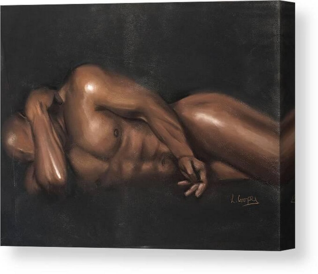 Reclining Nude Male Figure Canvas Print Wall Art: Reclining Nude Male Figure Canvas Print Wall Art This canvas print features Reclining Nude Male Figure by L Cooper. The composition depicts a nude male reclining on a dark surface, one arm resting