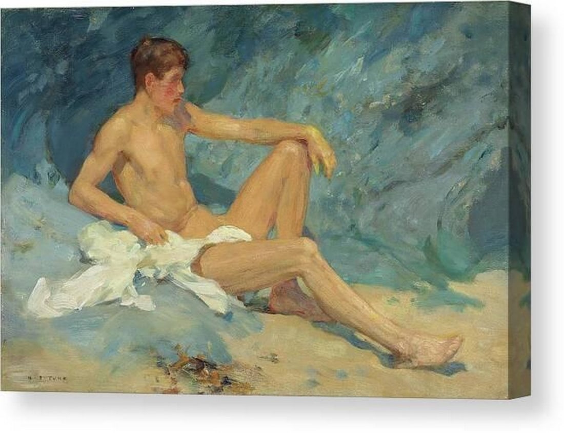 Male Nude Reclining on Rocks Canvas Print Wall Art: Male Nude Reclining on Rocks Canvas Print Wall Art This canvas print features Male Nude Reclining on Rocks by Henry Scott Tuke. The composition depicts a nude male reclining on rocks, harmoniously