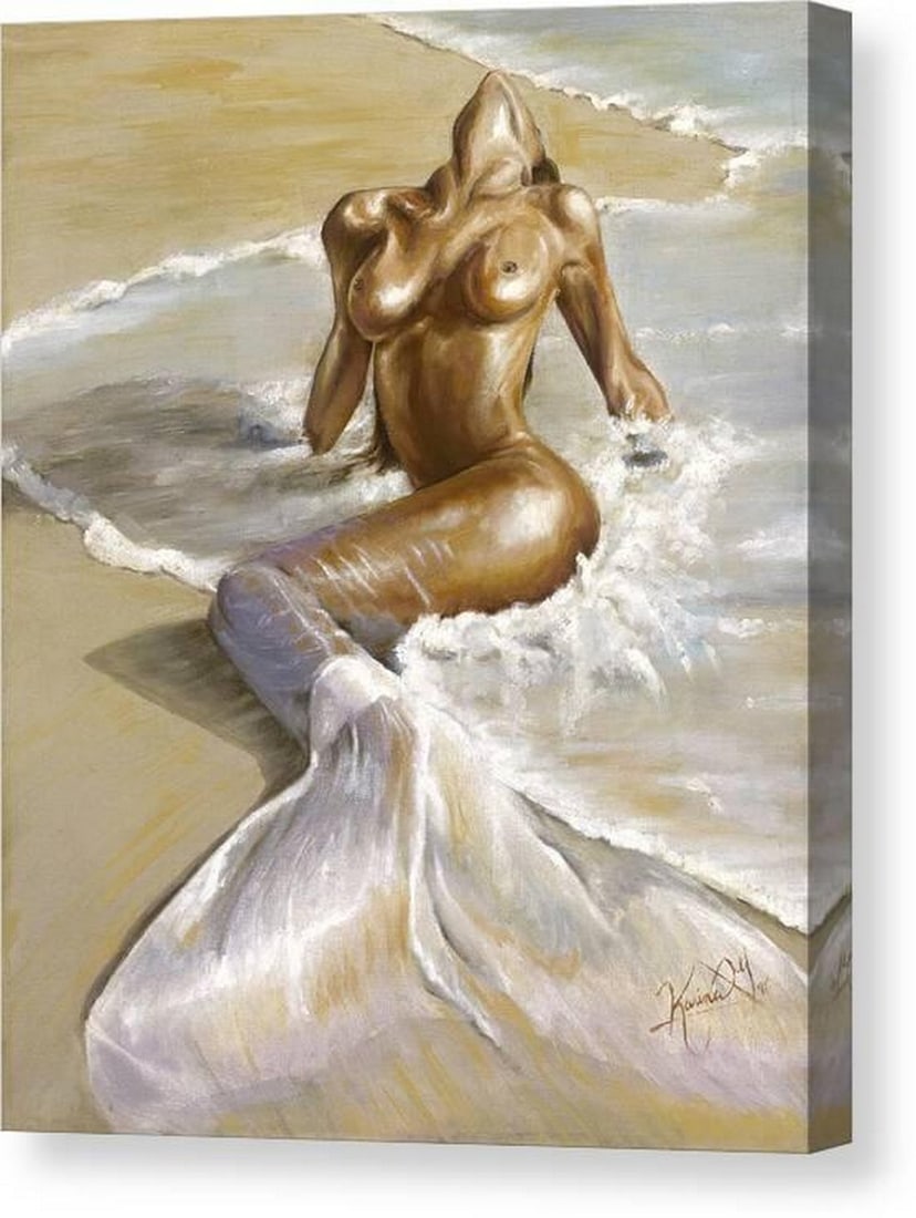 Mermaid Emerging on Sandy Beach Canvas Print Wall Art: Mermaid Emerging on Sandy Beach Canvas Print Wall Art This canvas print presents Mermaid Emerging on Sandy Beach by Karina Llergo, depicting a serene coastal scene infused with a sense of fantasy and 