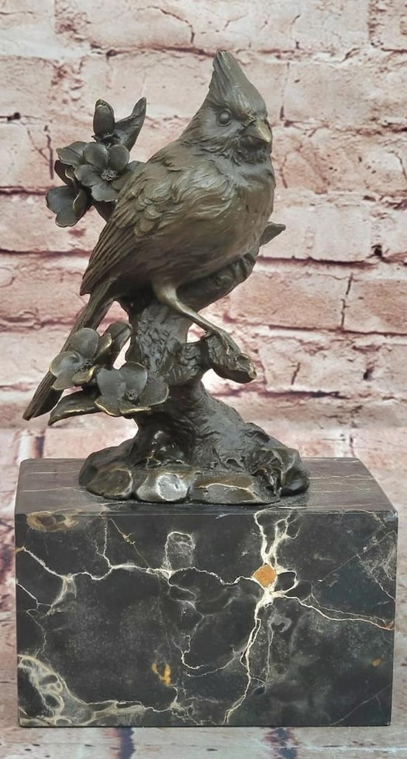 Milo Original Bronze Cardinal on Branch with Flowers Sculpture - 9'' x 4'': Milo Original Bronze Cardinal on Branch with Flowers Sculpture - 9" x 4" This original bronze sculpture depicts a cardinal perched on a flowering branch, rendered with fine feather and floral de
