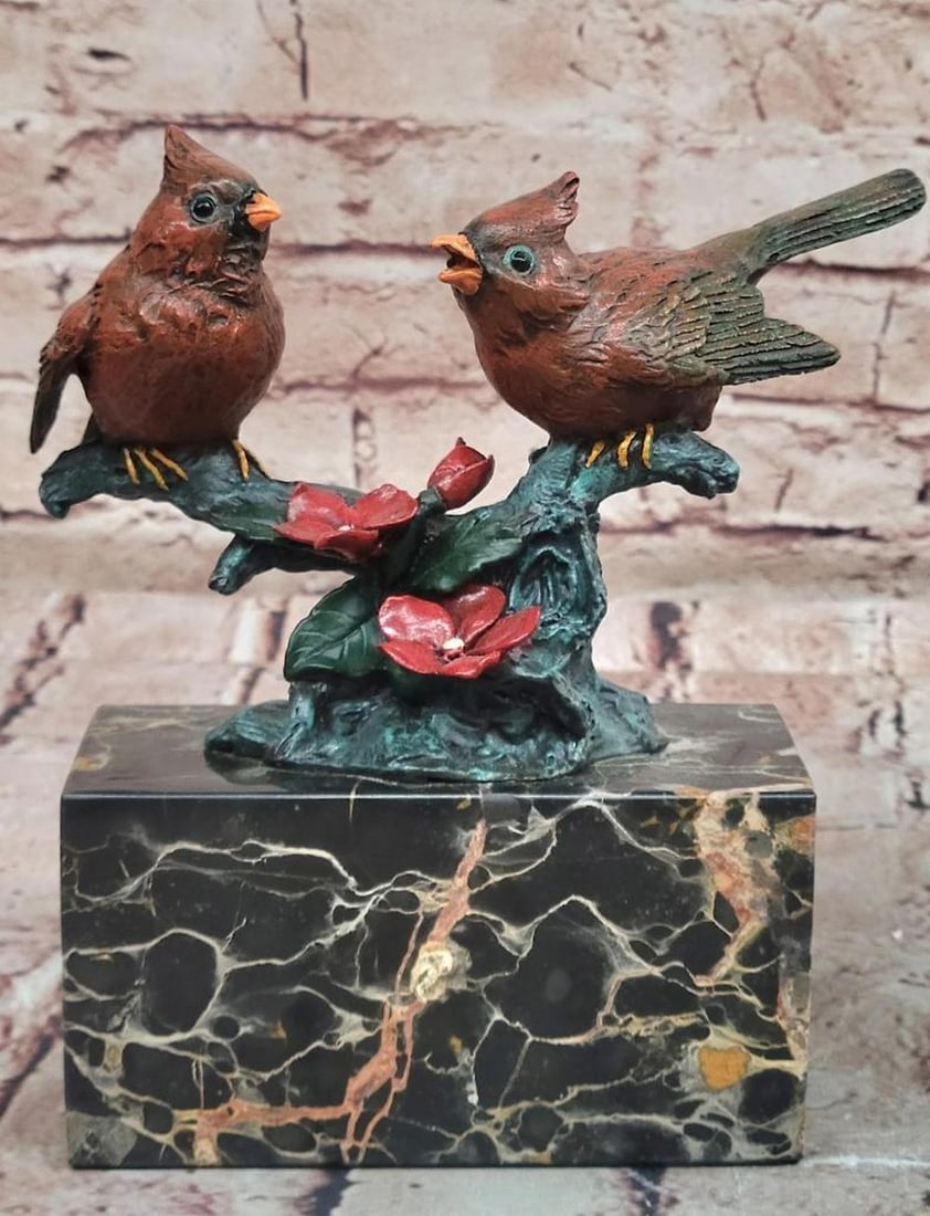 Milo Original Bronze ''Two Cardinal Love Birds'' Sculpture - 7.5'' x 5'': Milo Original Bronze ''Two Cardinal Love Birds'' Sculpture - 7.5" x 5" This original bronze sculpture depicts two cardinals in a tender, interactive pose, symbolizing love and companionship. The