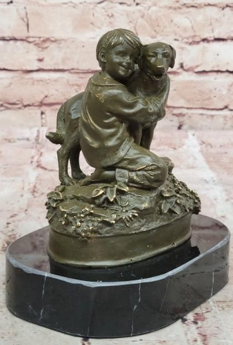 Timeless Companions: Bronze Boy and Dog Embrace: Timeless Companions: Bronze Boy and Dog Embrace Heartwarming and full of life, this finely cast bronze sculpture, bearing the signature of artist M. Lopez, captures the tender bond between a kneeling 