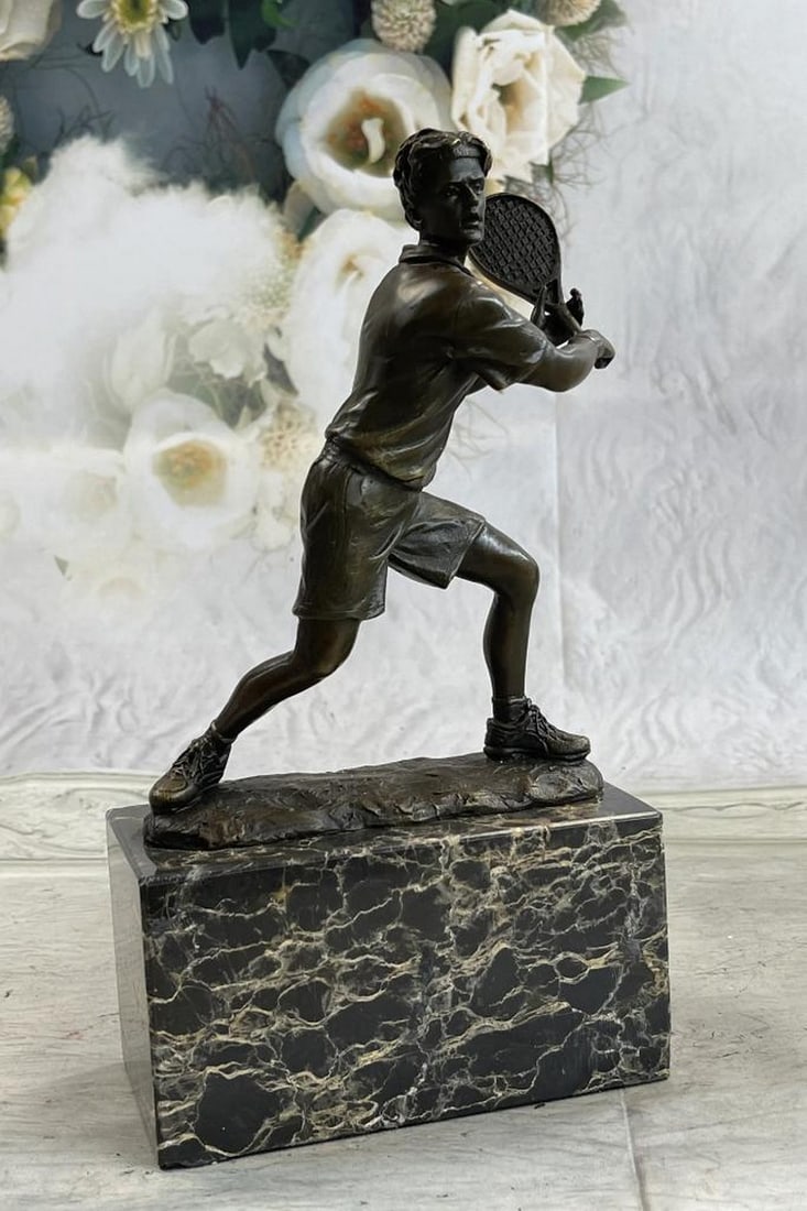 Original Tennis Player Bronze Sculpture On Marble Base - 10'' x 5'': Original Tennis Player Bronze Sculpture On Marble Base - 10" x 5" He eyes the swing of his opponent and waits for the green ball to soar back over the net. He lunges to the side and prepares to 