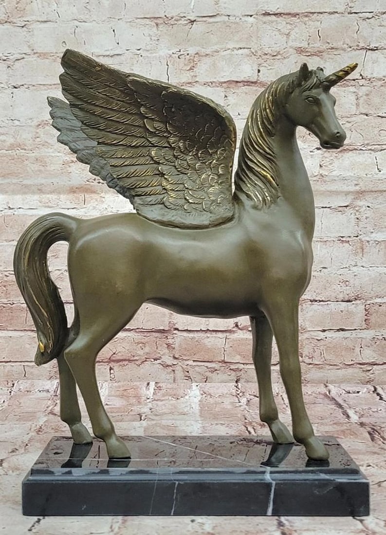 Soaring Pegasus Bronze Sculpture by M. Lopez (Milo) - 13'' x 12'': Soaring Pegasus Bronze Sculpture by M. Lopez (Milo) - 13" x 12" This magnificent bronze sculpture by M. Lopez, known as Milo, captures the mythical Pegasus in mid-motion, its wings outstretched
