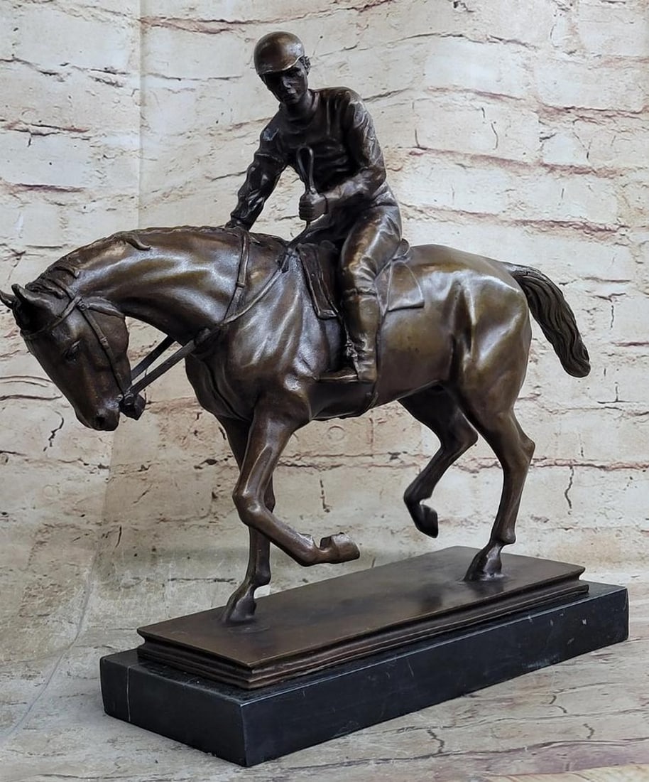 Signed Original Horse & Jockey Bronze Sculpture - 13.5'' x 14'': Signed Original Horse & Jockey Bronze Sculpture - 13.5" x 14" The jockey and horse, a dynamic team of speed, eagerly approach the starting line, readying themselves for the exhilarating race