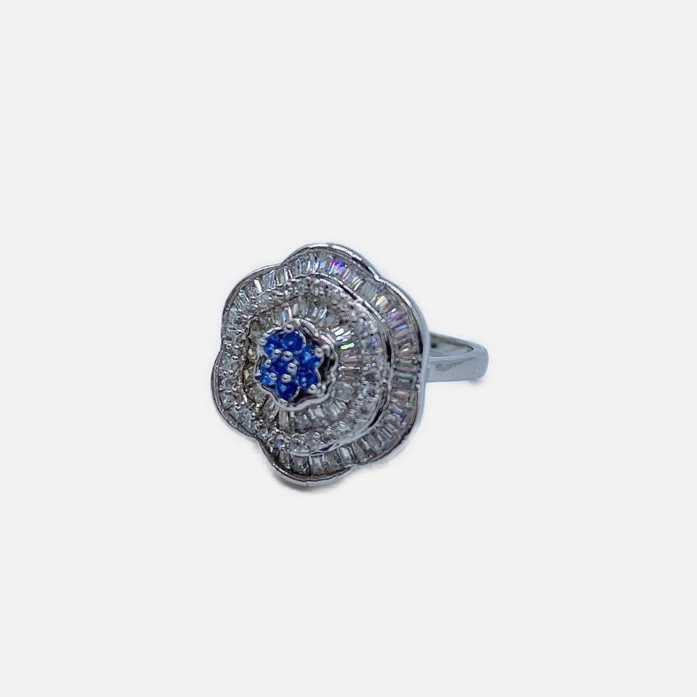 Lovely Custom Desinged Ladies Blue Citrine & Crystal Sterling Silver Ring: This lovely cluster ring is set with 7 round cut Citrine stones, each at 0.303 Carat weight. The citrine is surrounded by round cut crystals, really making the citrine pop. Please view photos for furt