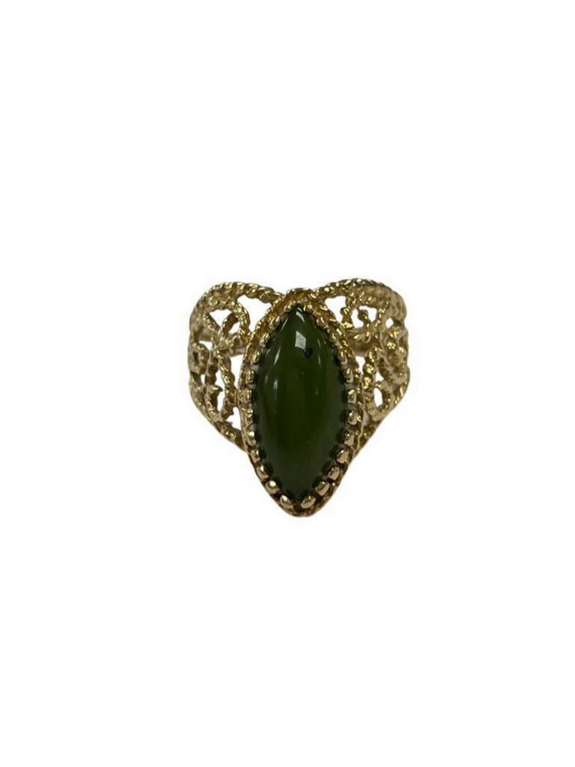 14K Gold and Natural Jade Estate Ring: 14K Gold and Natural Jade Estate Ring Set with a marquise cut jade stone in a vintage rope style 14K gold ring Jade Total Carat Weight: 1.77ct Please view photos for further details.